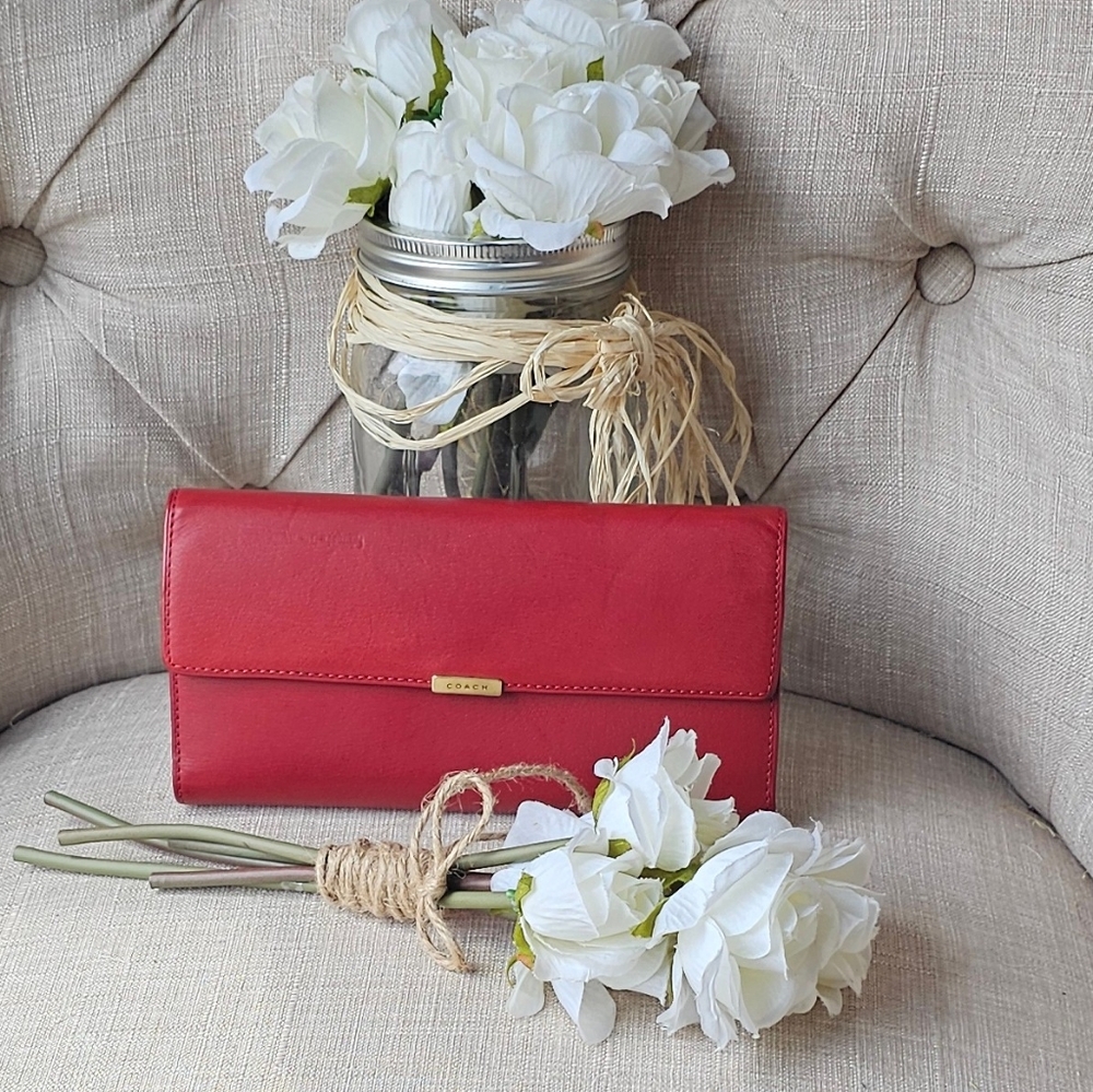 Vintage Coach 80s Water Buffalo Combination Checkbook Wallet ( Red )